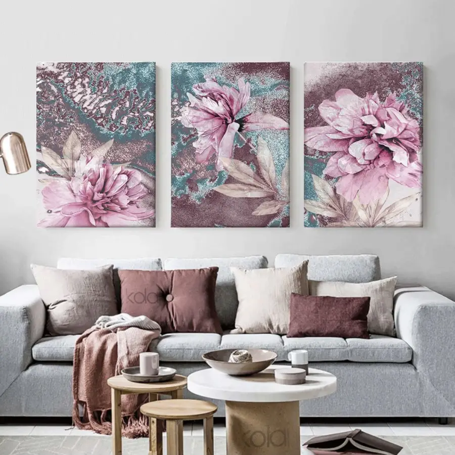 Soyut Yağlıboya Dokulu Pembe Çiçekler Dekoratif 3lü Kanvas Tablo Seti