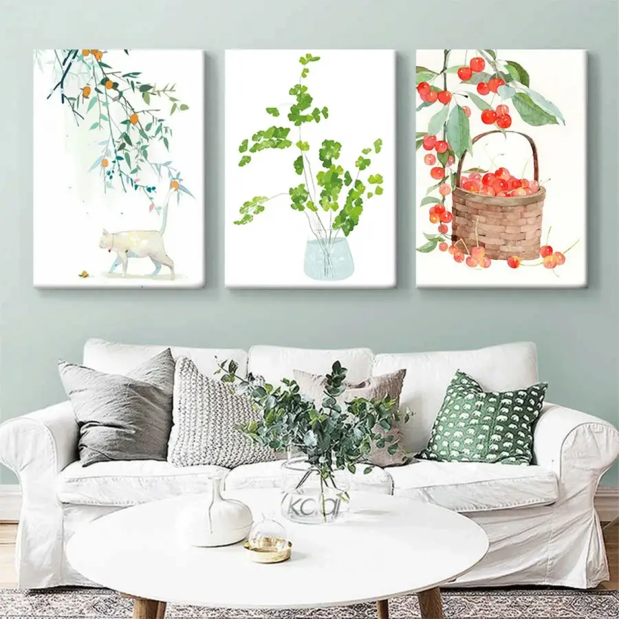 Country Tarzı Suluboya Konsept Kiraz Dalları ve Bitkiler 3lü Kanvas Tablo Seti