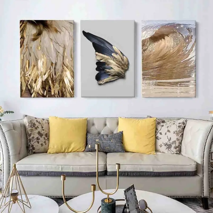 Altının Sessiz Ezgisi: Kuş Tüyleri, Kanat ve Deniz Dalgası Üçlü Kanvas Tablo Seti