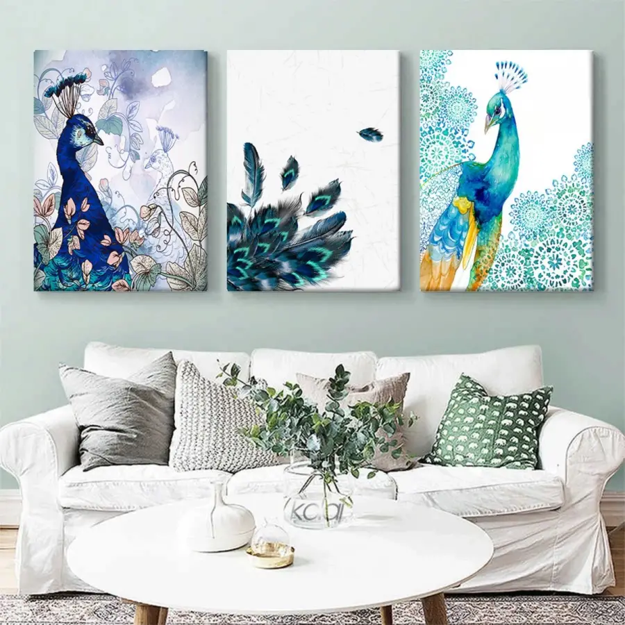 Tavus Kuşu Motifli Dekoratif Üçlü Kanvas Tablo Seti