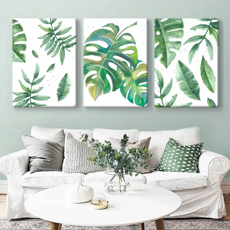 Botanik Duvar Sanatı Üçlü Tropikal Palmiye Yaprakları Kanvas Tablo Takımı