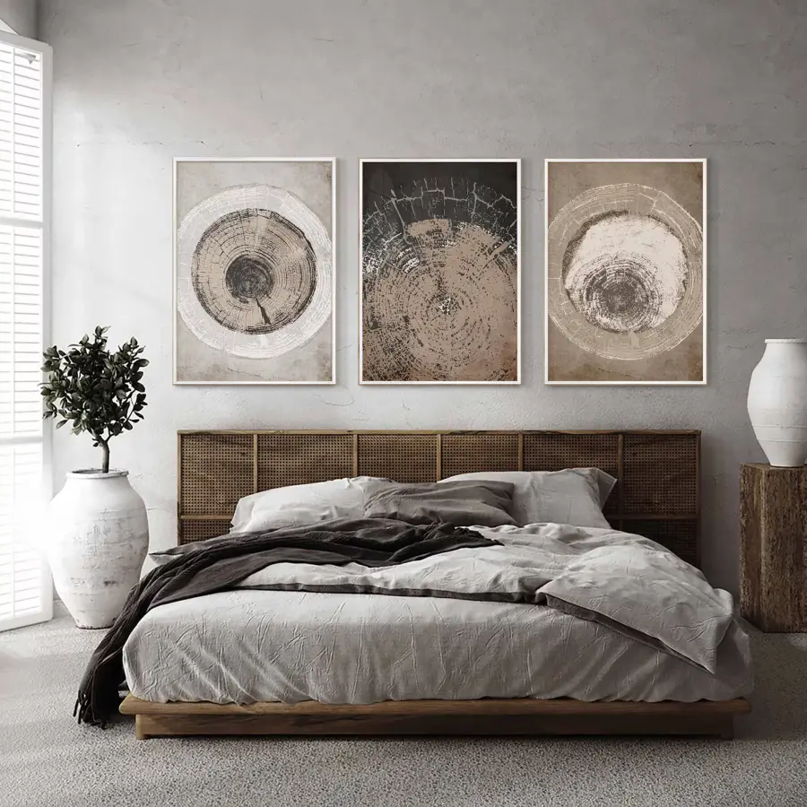 Ağaç Halkaları Desenli Ahşap Tonlarında Modern Beyaz Çerçeveli Cam Tablo