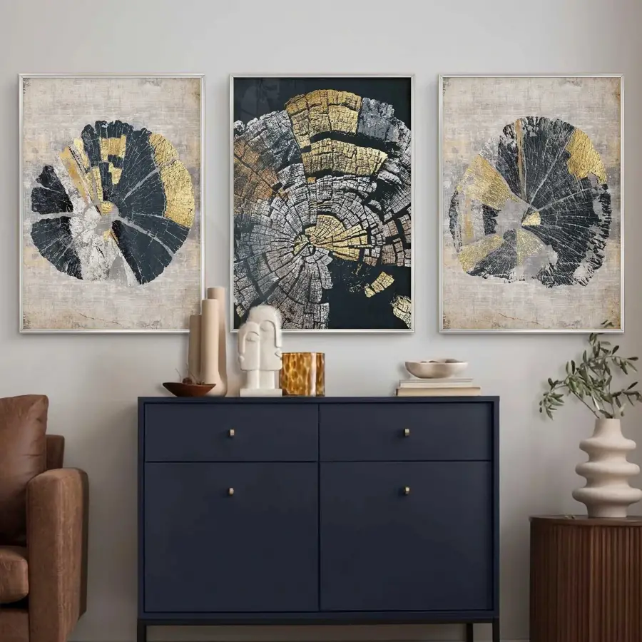 Ağaç Halkaları Desenli Gümüş Metal Çerçeveli Cam Tablo