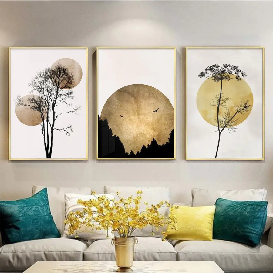 Ağaç Ve Küre Desenli Metal Çerçeveli Tablo Seti Altın