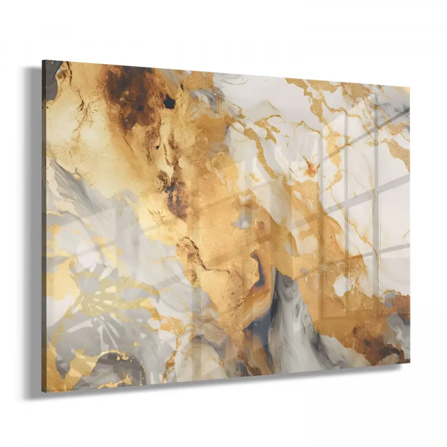 Altın ve Beyaz Tonlar Tekli Yatay Cam Tablo