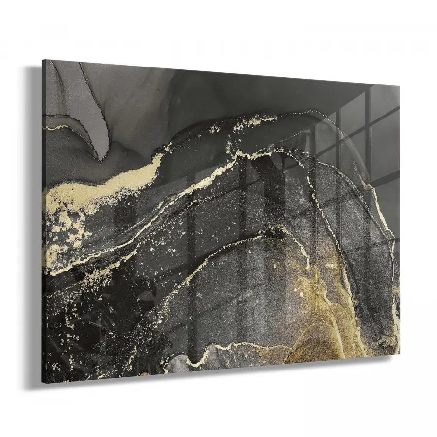 Altın ve Siyah Desenli Tekli Yatay Cam Tablo
