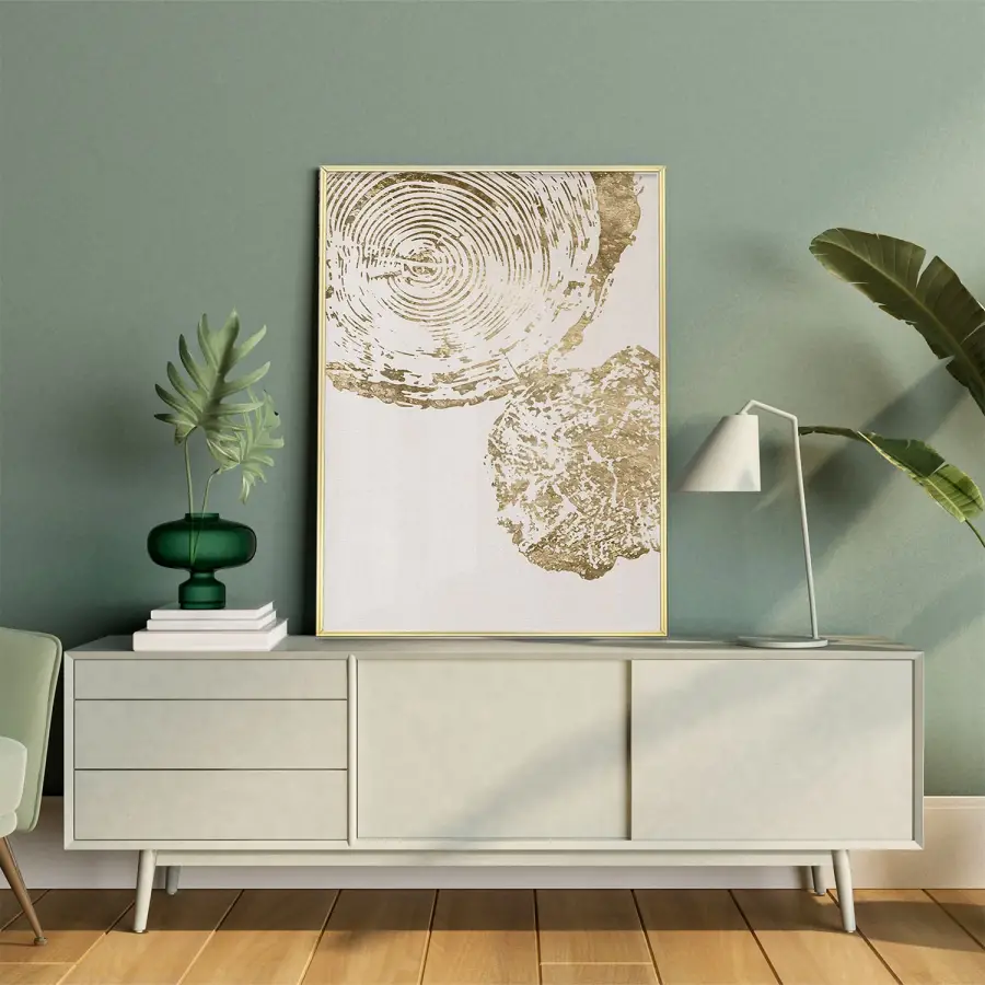 Beyaz ve Gold Desenli Tekli Metal Çerçeveli Tablo