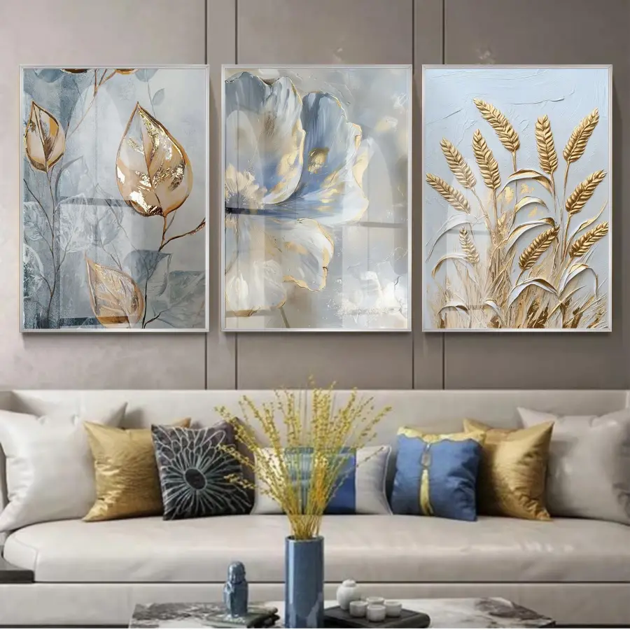 Bohem Çiçek Desenli Gold Detaylı Gümüş Metal Çerçeveli Cam Tablo