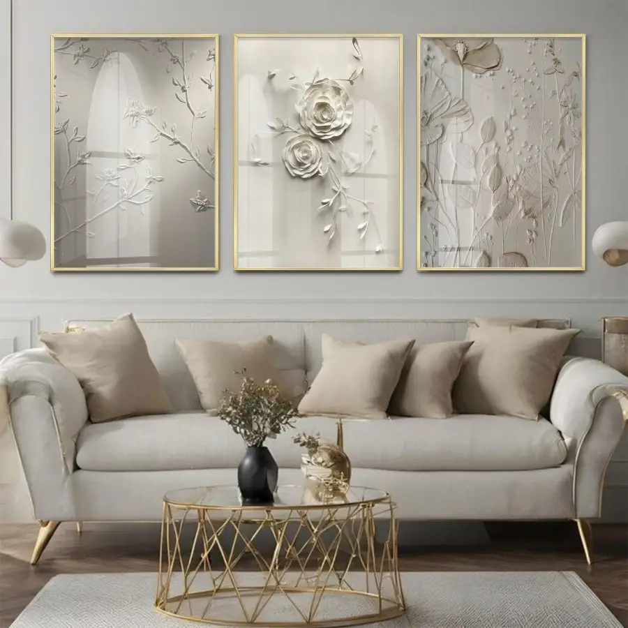 Bohem Çiçek Desenli Krem Tonlu Gold Metal Çerçeveli Cam Tablo