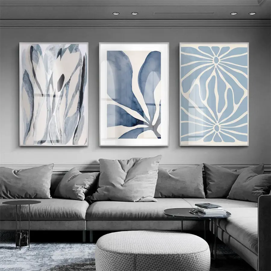 Bohem Tasarım Mavi Desenli Gümüş Metal Çerçeveli Cam Tablo