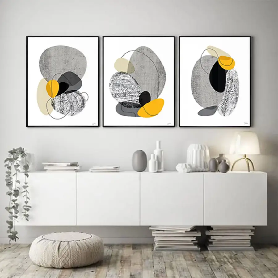 Büyük Taşlar Geometrik Desenli Metal Çerçeveli Tablo Seti Siyah