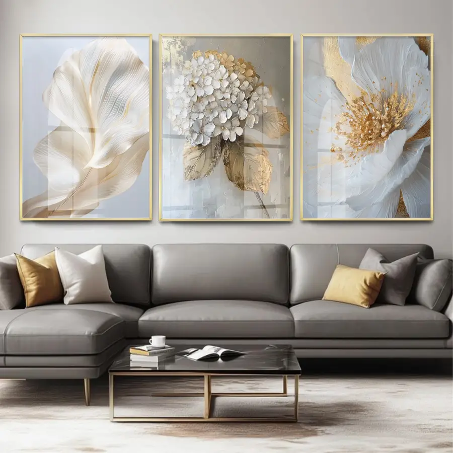 Çiçek Desenli Altın Detaylı Gold Metal Çerçeveli Cam Tablo