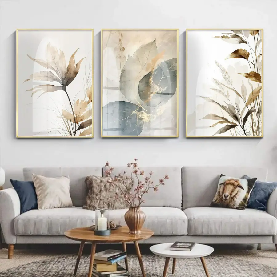 Çiçek Desenli Parıltılı Gold Metal Çerçeveli Cam Tablo