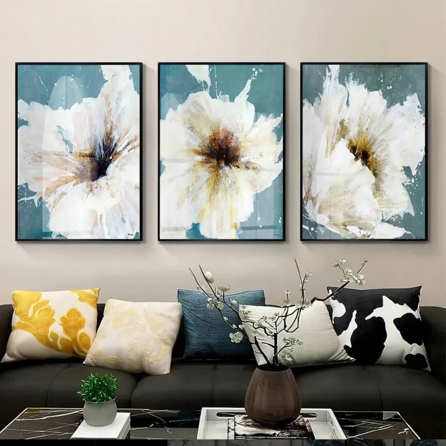 Çiçek Desenli Su Yeşili Renkli Siyah Metal Çerçeveli Cam Tablo