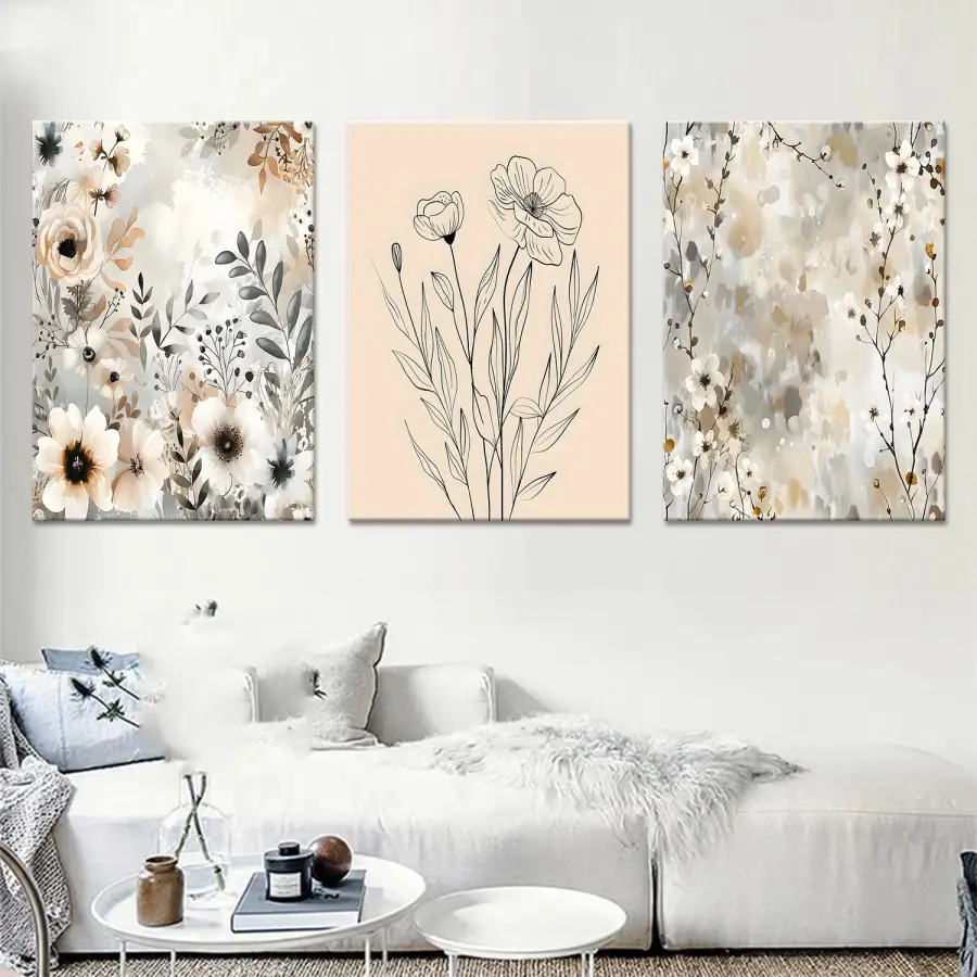 Çiçek Detaylı Üçlü Kanvas Tablo Seti