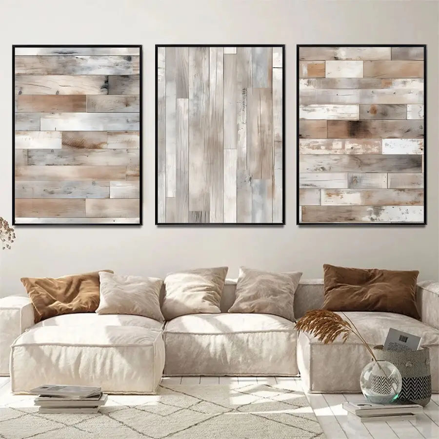 Duvar Tuğlası Desenli Üçlü Metal Çerçeveli Tablo Seti