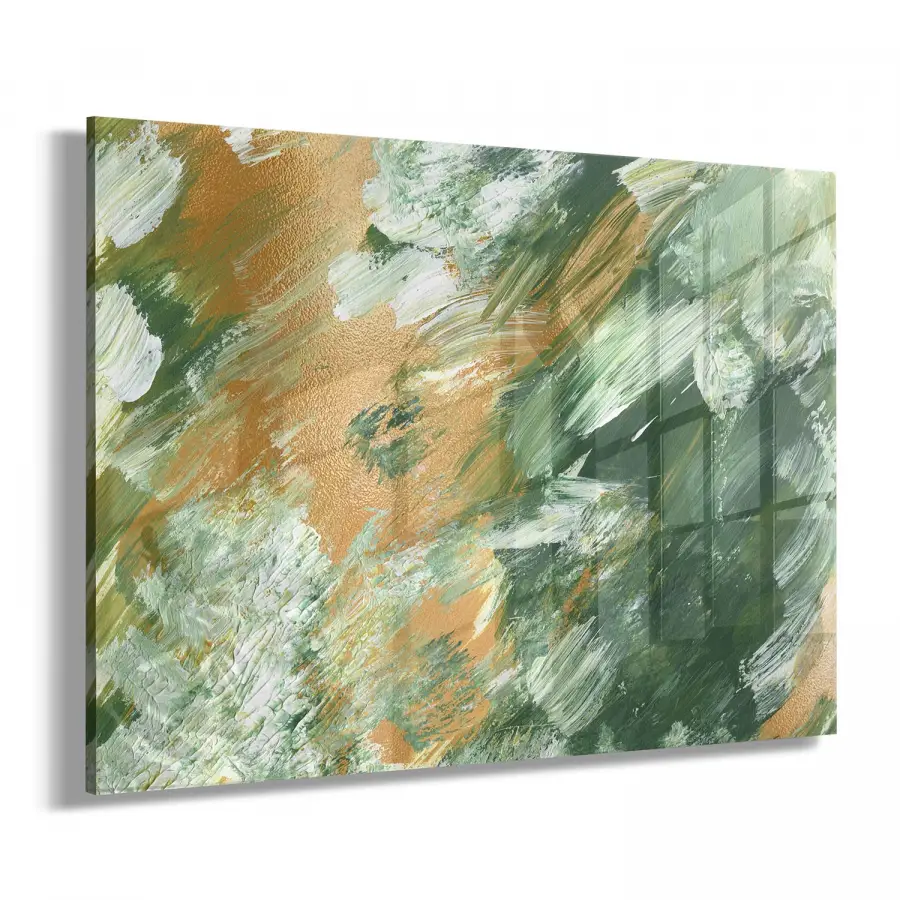 Fırça Darbeleri Yeşil Tonlar Tekli Yatay Cam Tablo