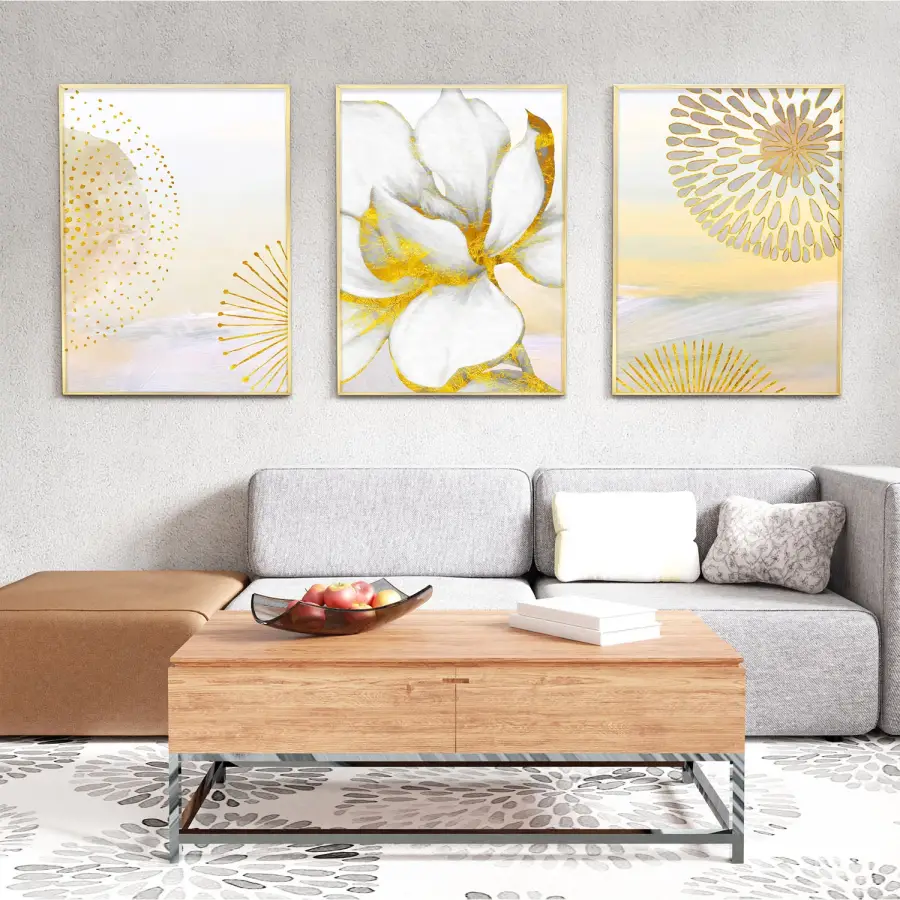 Gold Çiçekler Temalı Üçlü Metal Çerçeveli Tablo Seti