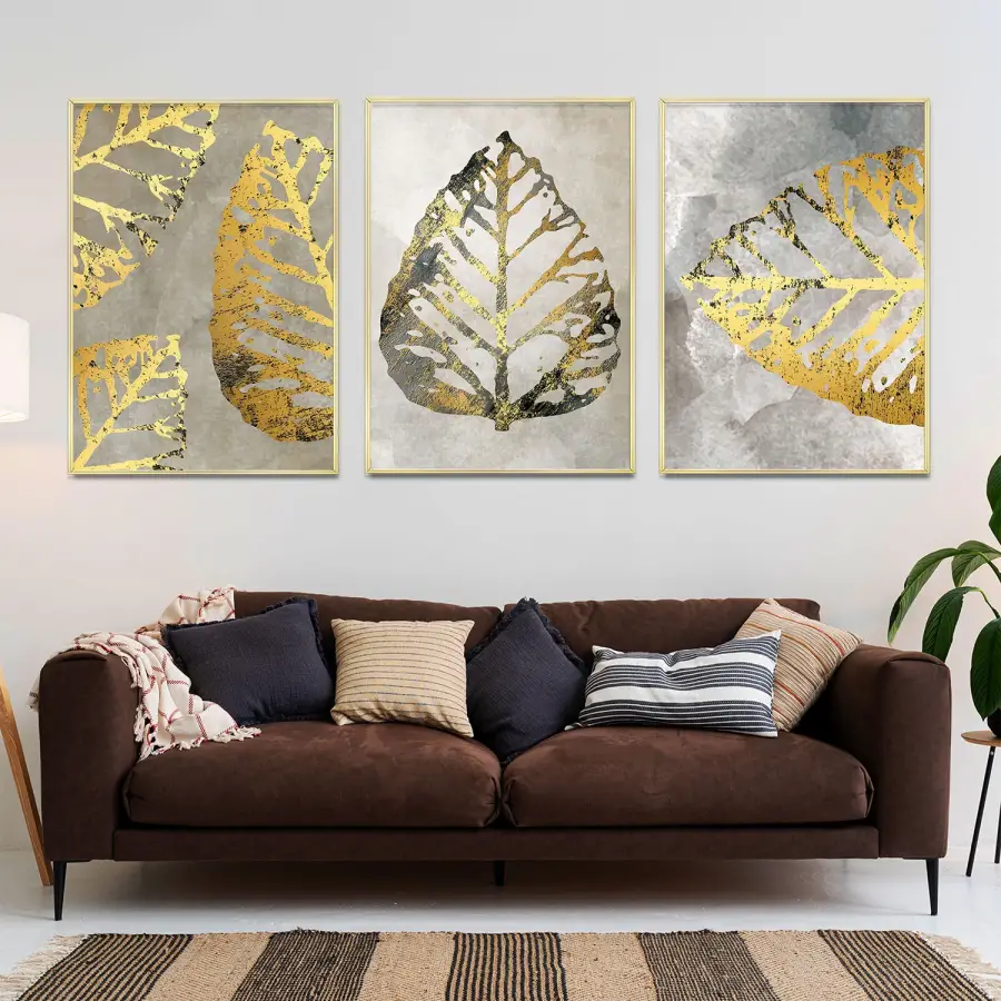 Gold Yaprak Desenli Üçlü Metal Çerçeveli Tablo Seti