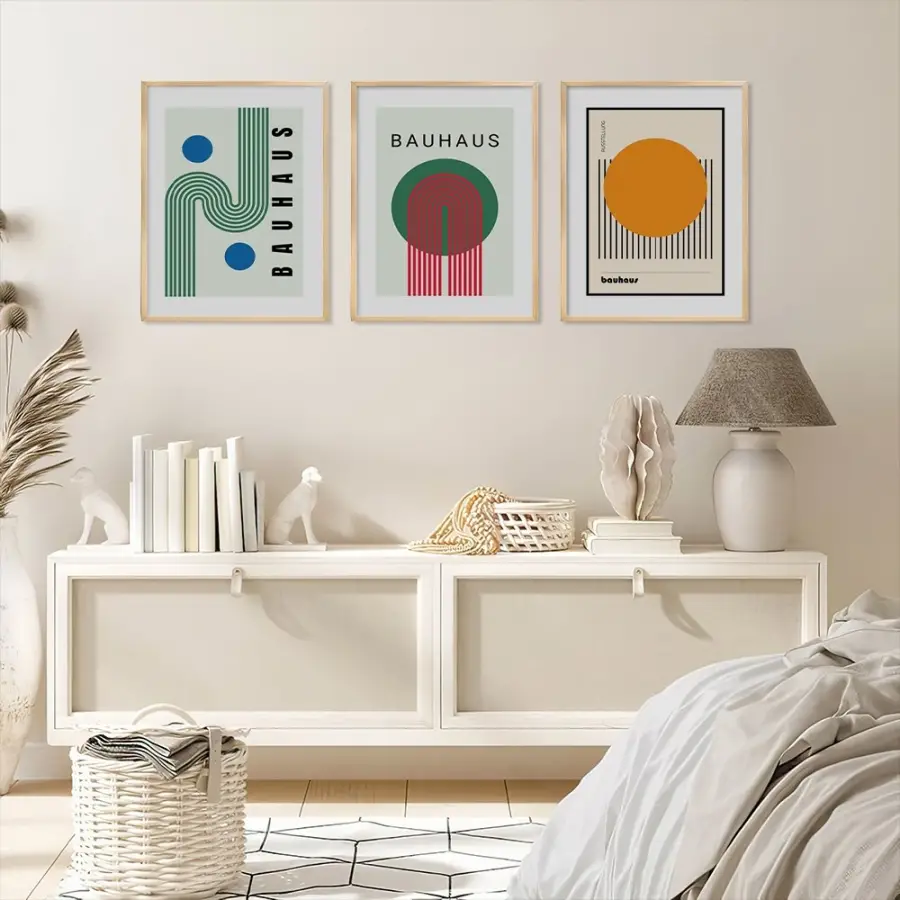 Bauhaus Geometrik Soyutlama Doğal Ahşap Çerçeveli 3lü Tablo Seti