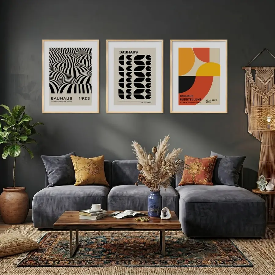 Bauhaus Geometrik Düzen Doğal Ahşap Çerçeveli 3lü Tablo Seti