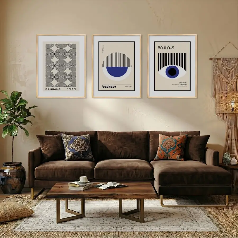 Bauhaus Geometrik Lacivert Üçlü Doğal Ahşap Çerçeveli 3lü Tablo Seti