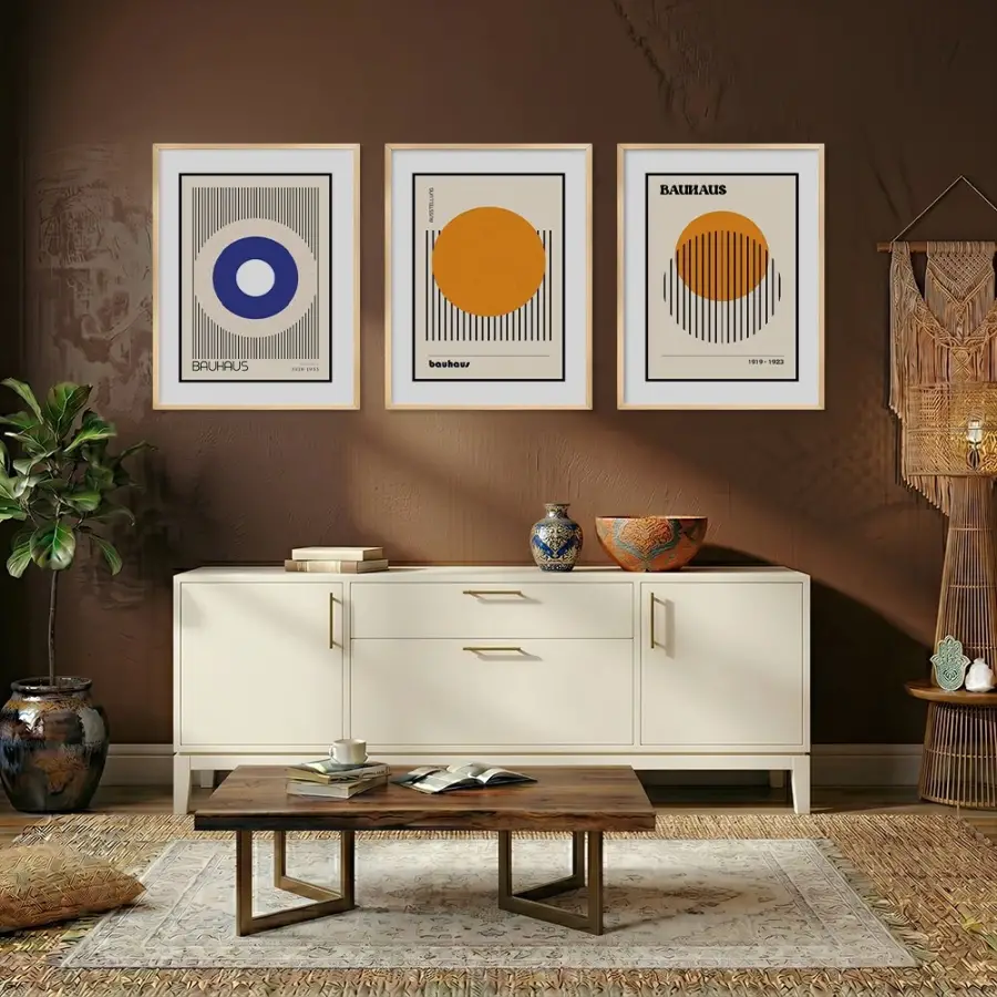 Bauhaus Geometrik Formlar Doğal Ahşap Çerçeveli 3lü Tablo Seti
