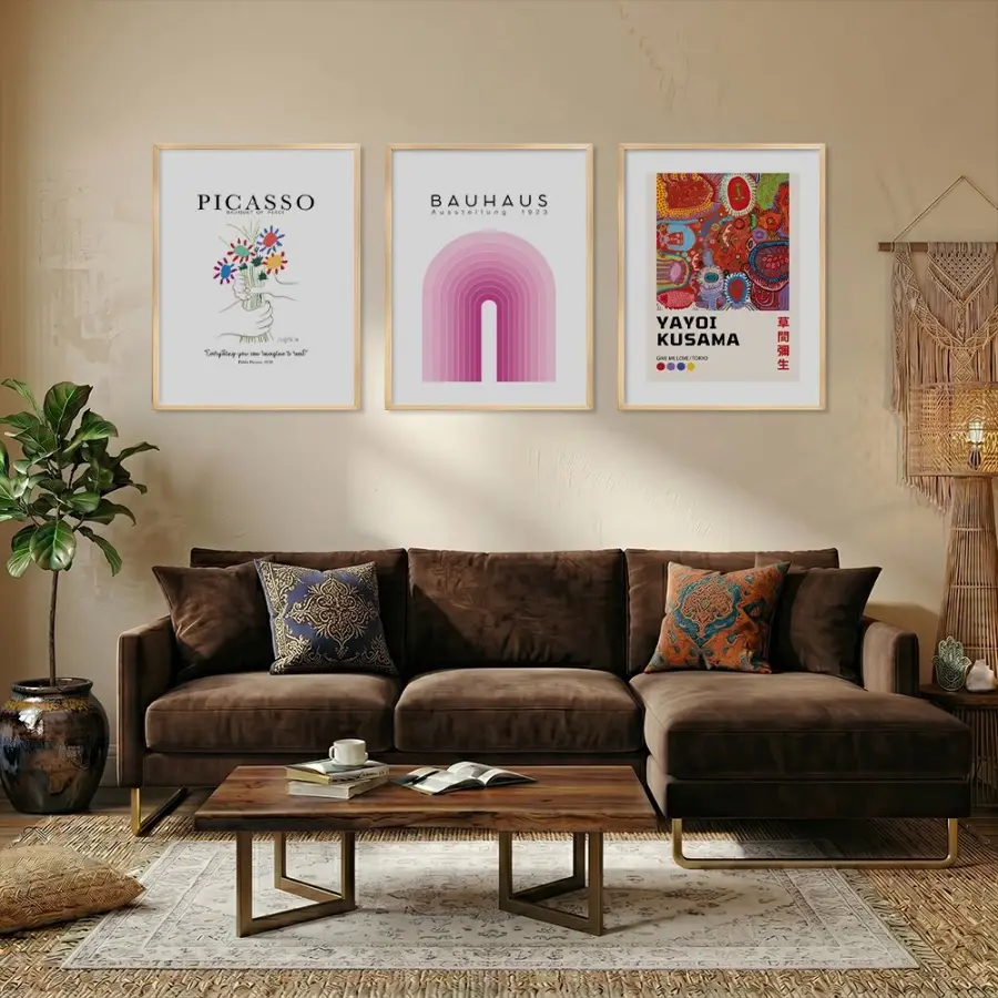 Modern Sanat Akımları Seti Doğal Ahşap Çerçeveli 3lü Tablo Seti