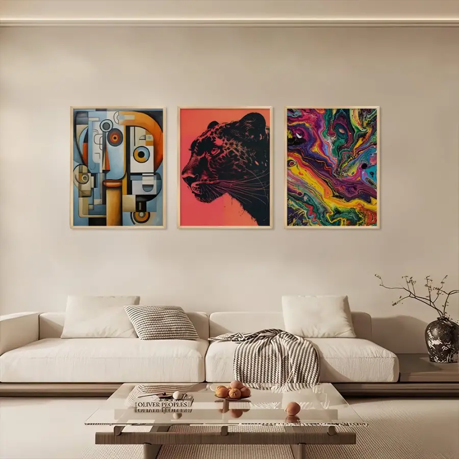 Kübist Panter Akışkan Sanat Doğal Ahşap Çerçeveli 3lü Tablo Seti