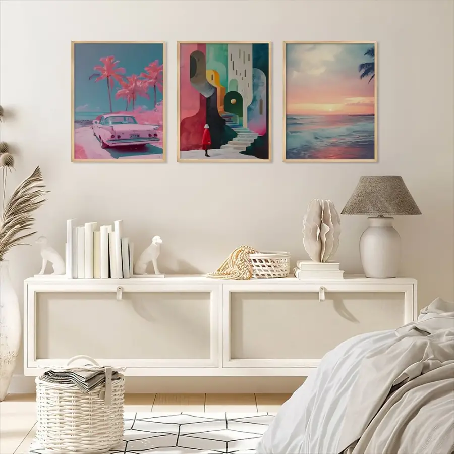 Retro Pastel Ufuklar Doğal Ahşap Çerçeveli 3lü Tablo Seti