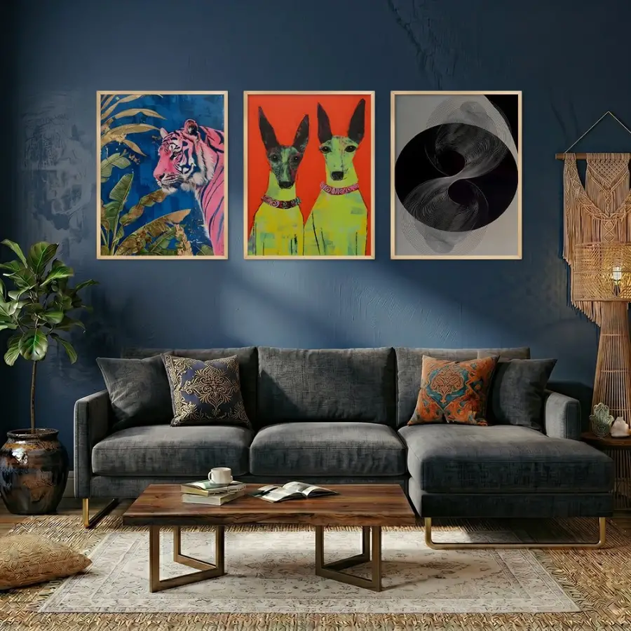 Tropik Pop Art ve Soyut Ahenk Doğal Ahşap Çerçeveli 3lü Tablo Seti