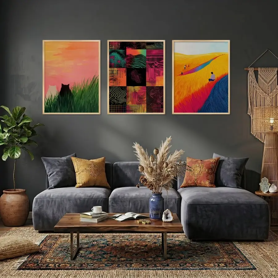 Canlı Renklerle Sanat Üçlemesi Doğal Ahşap Çerçeveli 3lü Tablo Seti