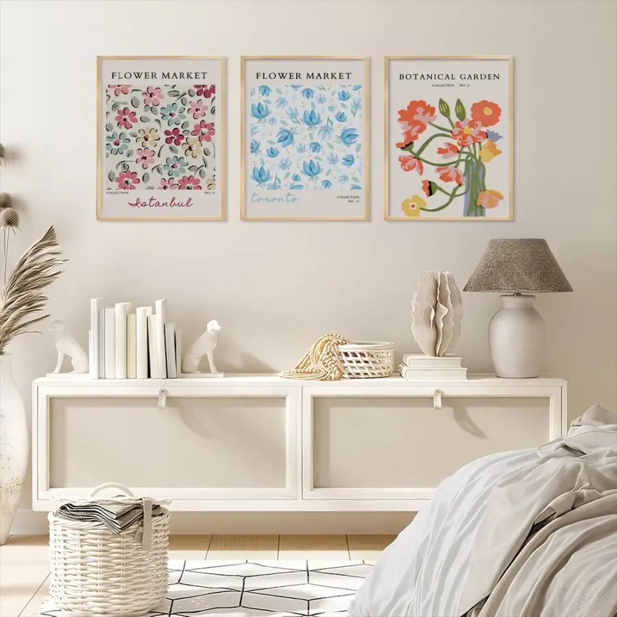 Pastel Botanik Çiçek Poster Seti Doğal Ahşap Çerçeveli 3lü Tablo Seti