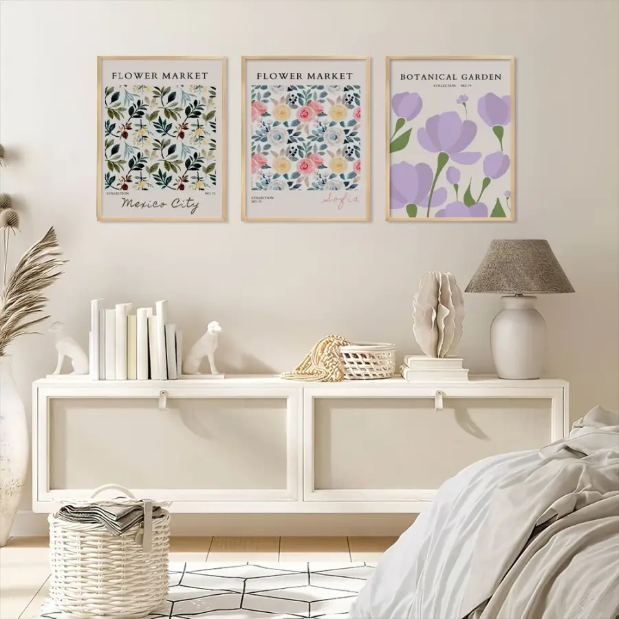 Botanik Bahçe Pastel Çiçekler Doğal Ahşap Çerçeveli 3lü Tablo Seti