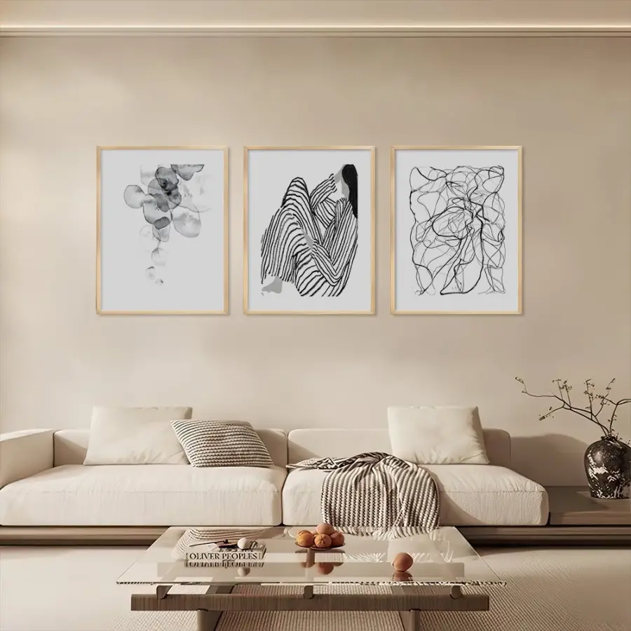Soyut Monokrom Çizgisel Sanat Doğal Ahşap Çerçeveli 3lü Tablo Seti