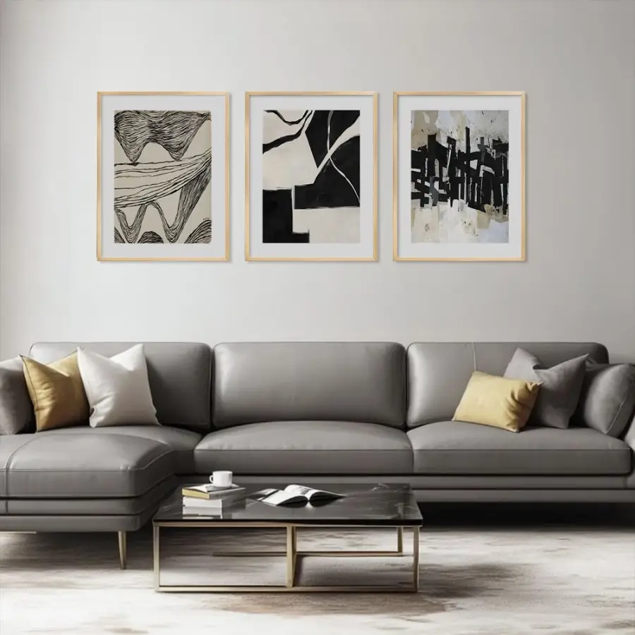 Soyut Monokrom Geçişler Doğal Ahşap Çerçeveli 3lü Tablo Seti