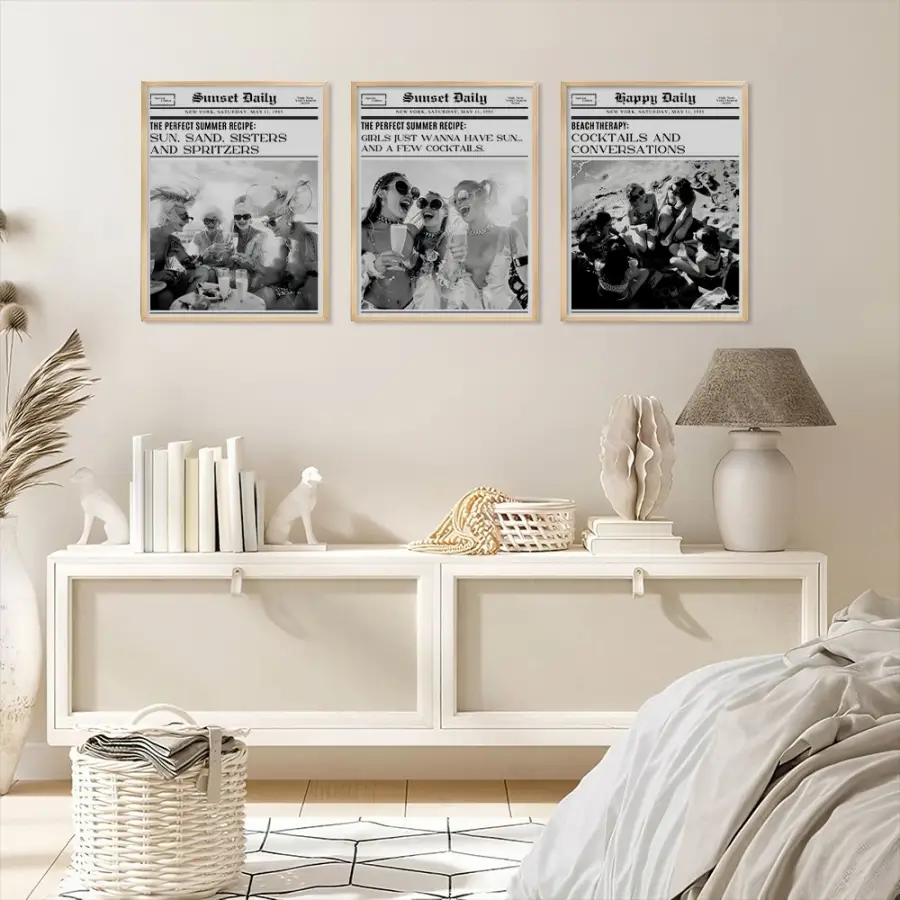 Siyah Beyaz Yaz Gazeteleri Doğal Ahşap Çerçeveli 3lü Tablo Seti