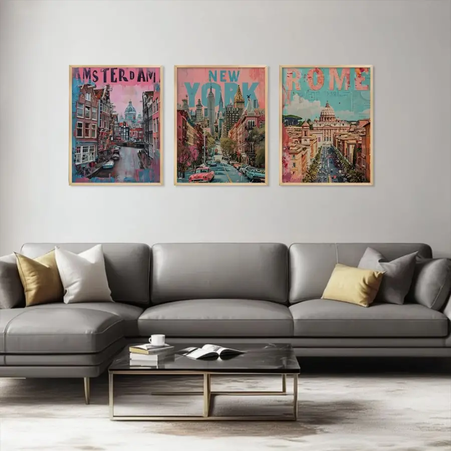 Pop Art Dünya Şehirleri Seti Doğal Ahşap Çerçeveli 3lü Tablo Seti