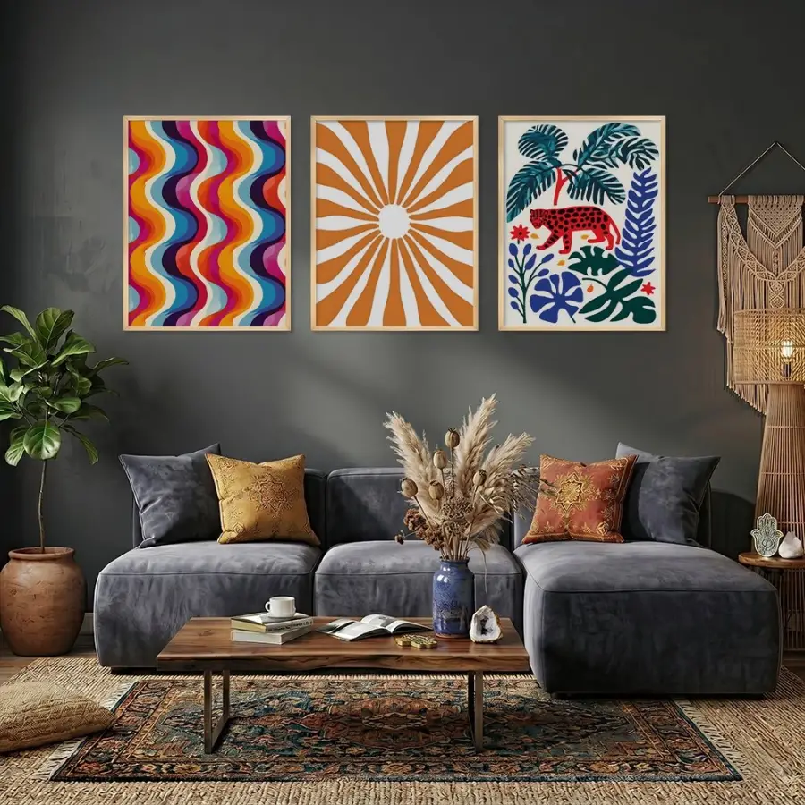 Canlı Boho Dalgalar Leopar Doğal Ahşap Çerçeveli 3lü Tablo Seti