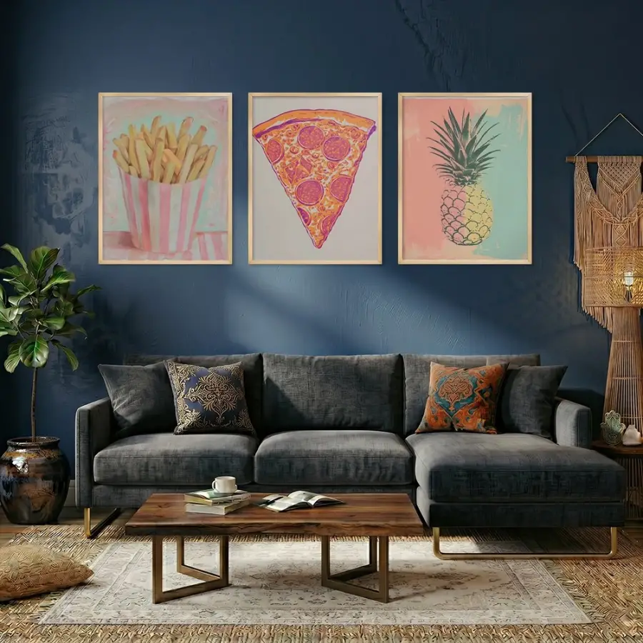Pop-Art Lezzet Üçlüsü Doğal Ahşap Çerçeveli 3lü Tablo Seti