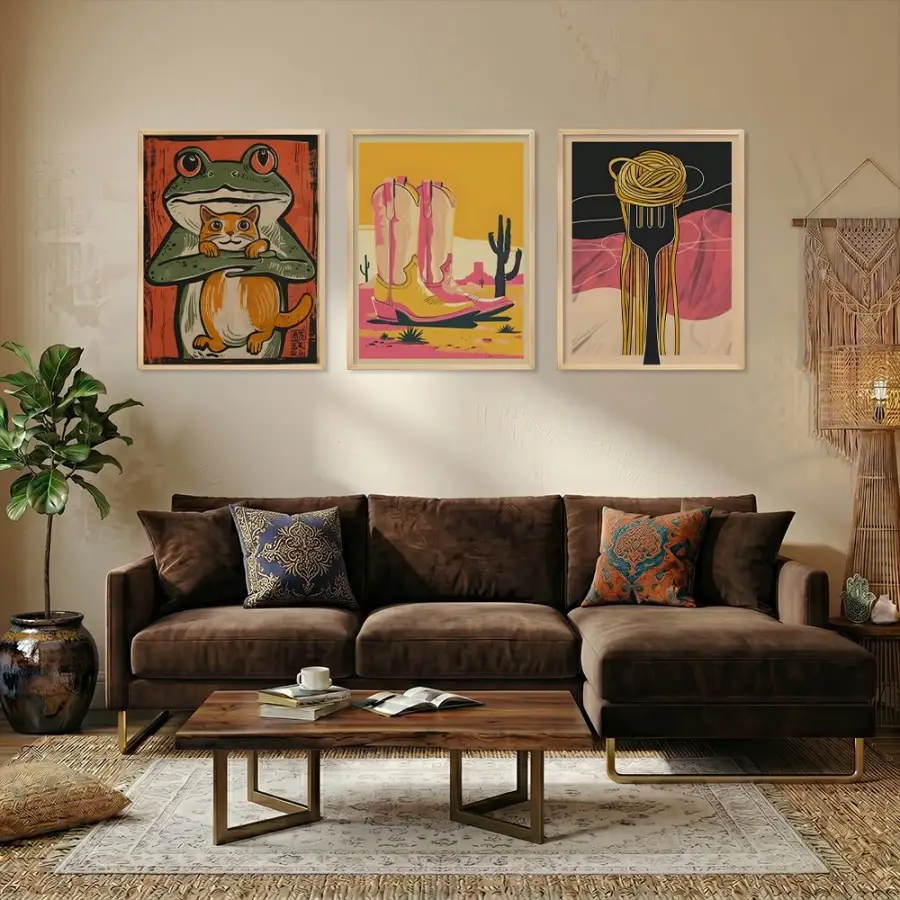 Eğlenceli Retro Sanat Koleksiyonu Doğal Ahşap Çerçeveli 3lü Tablo Seti
