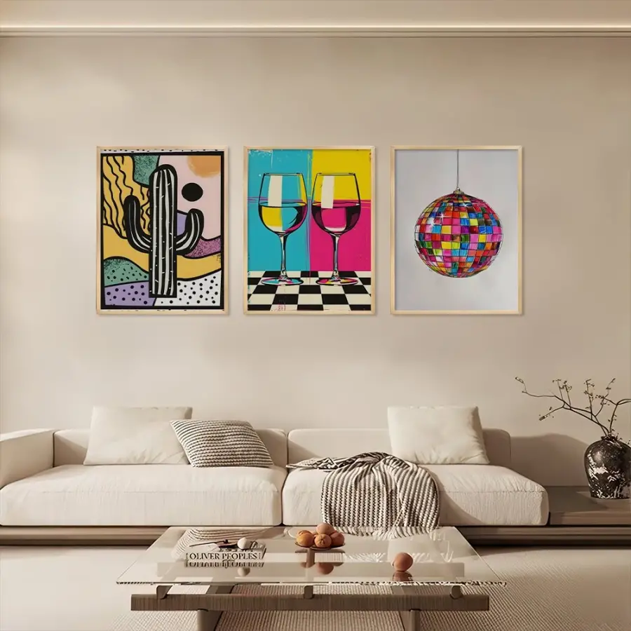 Neşeli Pop Art Üçlüsü Doğal Ahşap Çerçeveli 3lü Tablo Seti