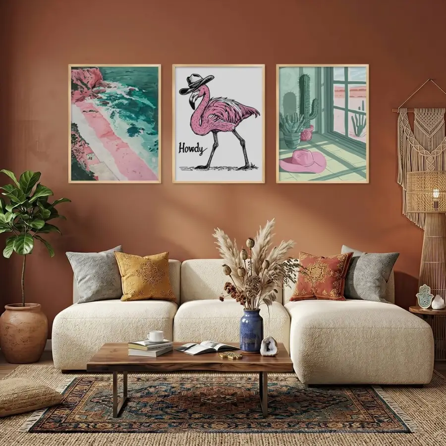 Neşeli Flamingo Çöl Manzaraları Doğal Ahşap Çerçeveli 3lü Tablo Seti