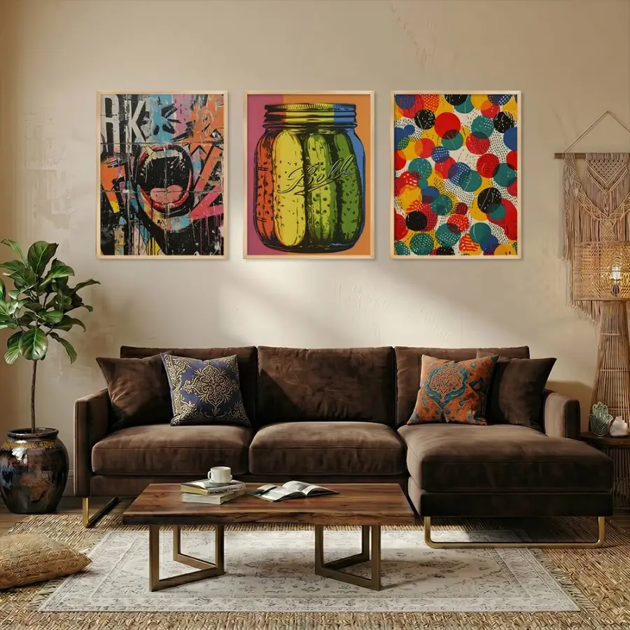 Canlı Pop Art Graffiti Seti Doğal Ahşap Çerçeveli 3lü Tablo Seti