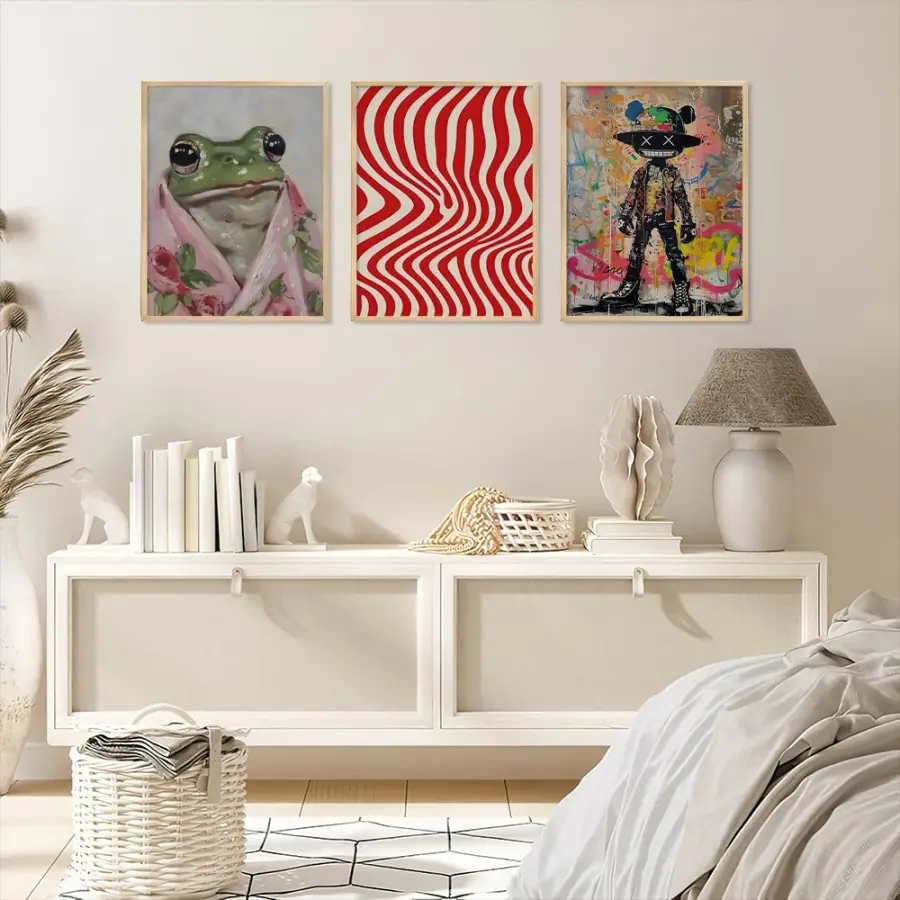 Çarpıcı Eklektik Sanat Üçlüsü Doğal Ahşap Çerçeveli 3lü Tablo Seti