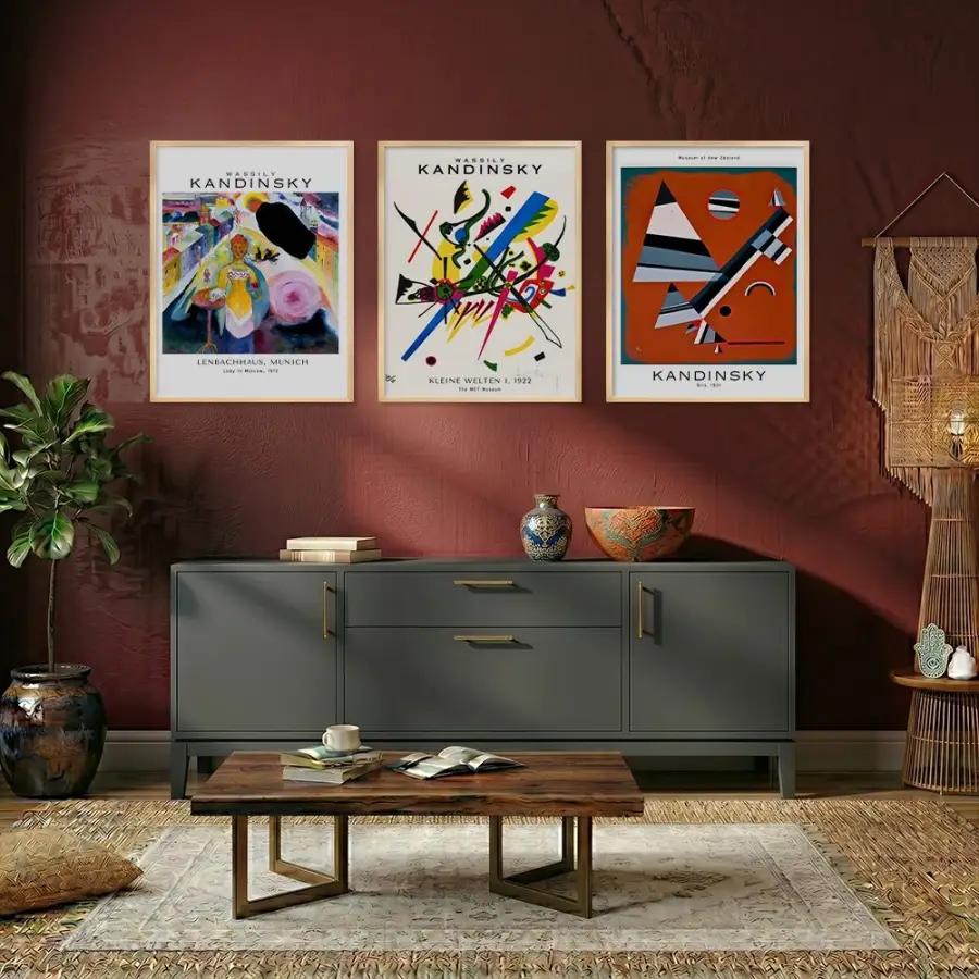 Kandinsky Ekspresif Soyutlamalar Doğal Ahşap Çerçeveli 3lü Tablo Seti