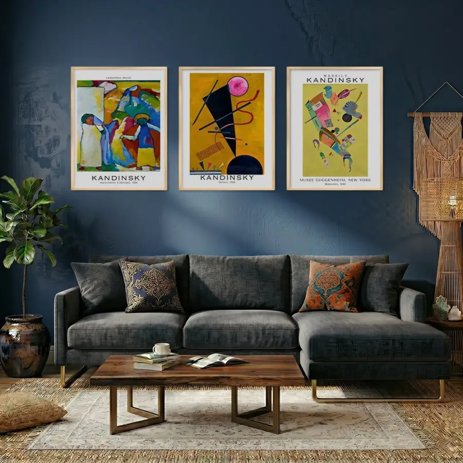 Kandinsky Canlı Soyut Set Doğal Ahşap Çerçeveli 3lü Tablo Seti