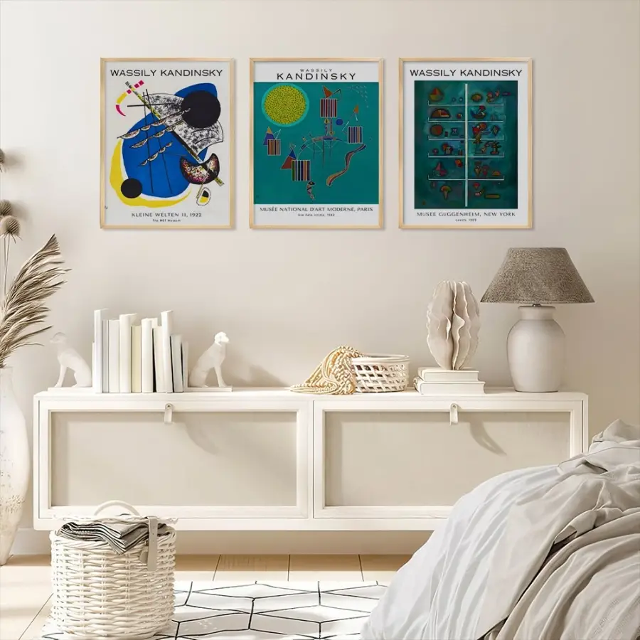 Kandinsky Soyut Renk Oyunları Doğal Ahşap Çerçeveli 3lü Tablo Seti