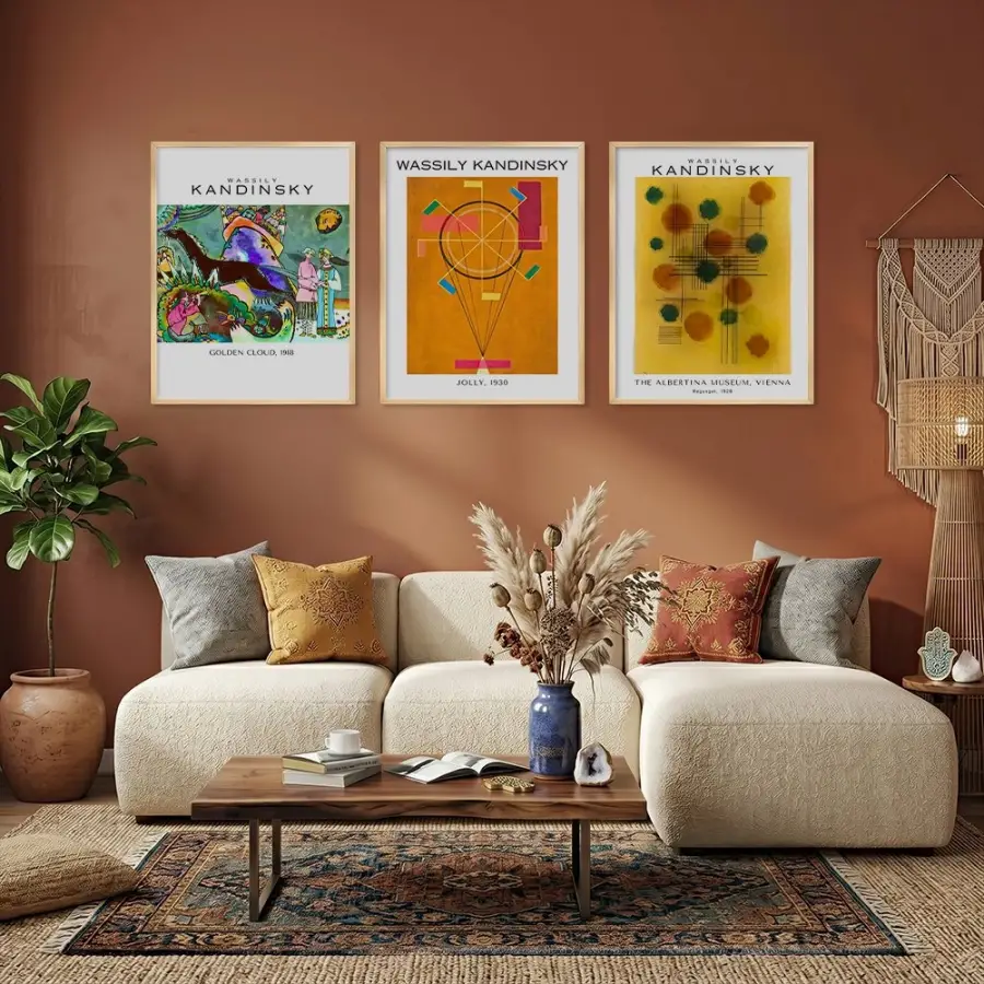 Kandinsky Rengarenk Soyut Üçlü Set Doğal Ahşap Çerçeveli 3lü Tablo Seti