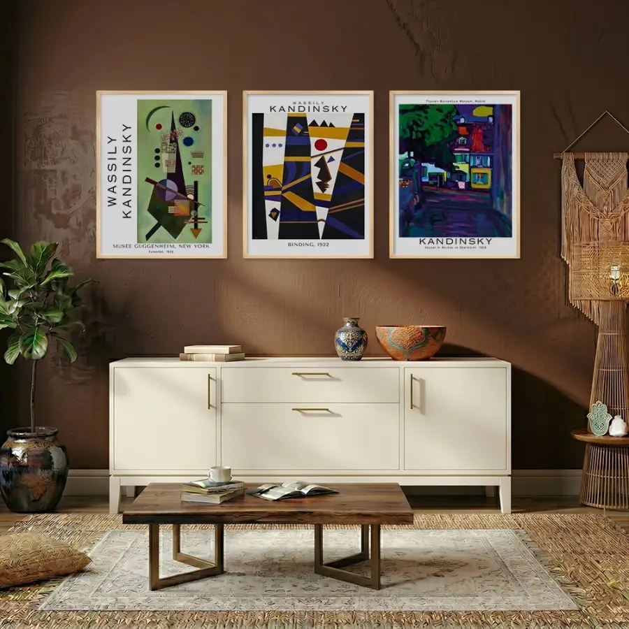 Kandinsky Soyut Geometrik Set Doğal Ahşap Çerçeveli 3lü Tablo Seti